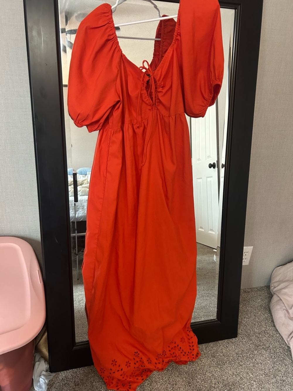 Orange Puff Sleeve Maxi Dress with Eyelet Hem